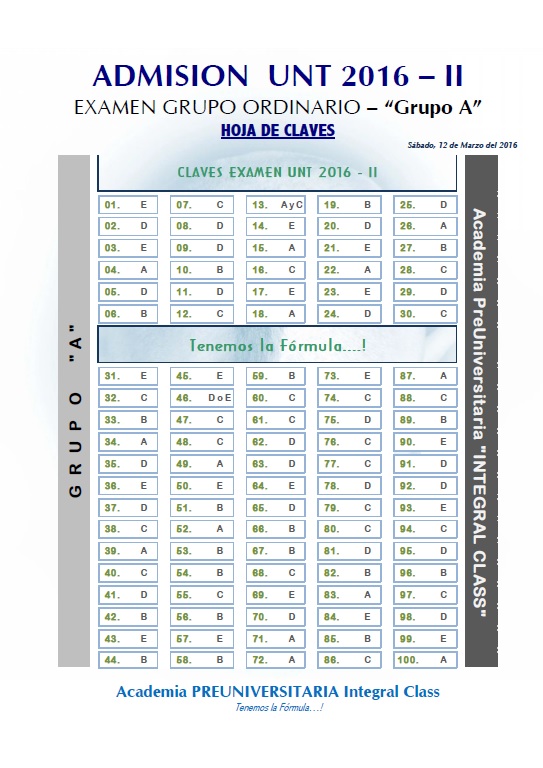  HOJA DE CLAVES EXAMEN ADMISIÓN ORDINARIO UNT 2016-II GRUPO A 