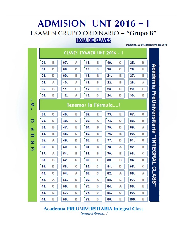 HOJA DE CLAVES EXAMEN ADMISIÓN ORDINARIO UNT 2016-I GRUPO B