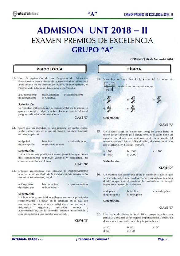  EXAMEN ADMISIÓN PREMIOS EXCELENCIA UNT 2018-II GRUPO A 