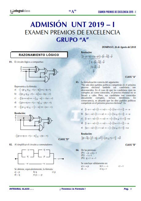  EXAMEN ADMISIÓN PREMIOS EXCELENCIA UNT 2019-I GRUPO A 