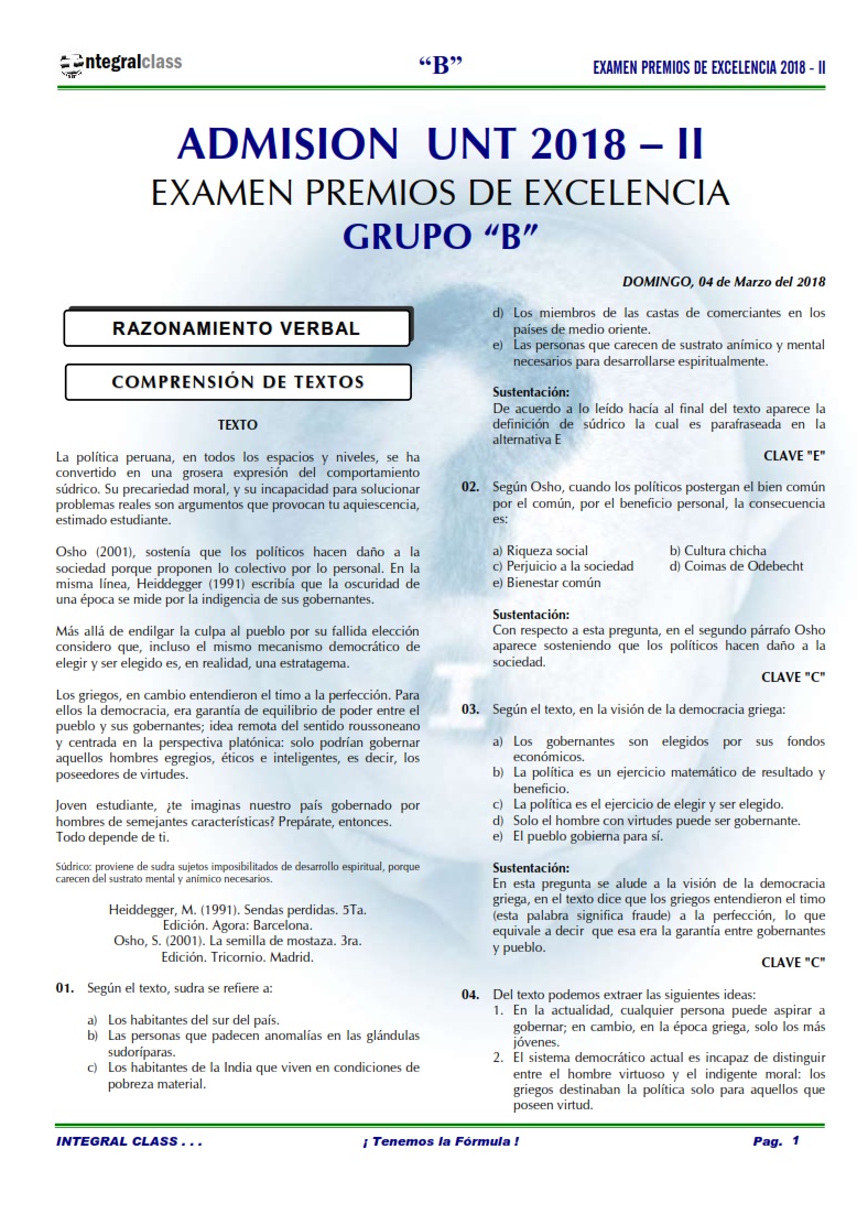  EXAMEN ADMISIÓN PREMIOS EXCELENCIA UNT 2018-II GRUPO B 