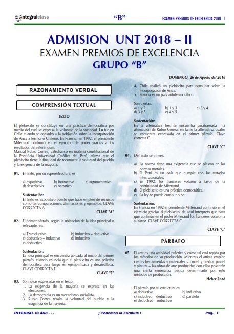  EXAMEN ADMISIÓN PREMIOS EXCELENCIA UNT 2019-I GRUPO B 