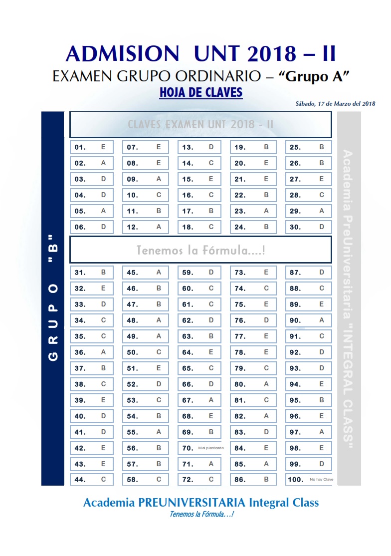  HOJA DE CLAVES EXAMEN ADMISIÓN ORDINARIO UNT 2018-II GRUPO A 