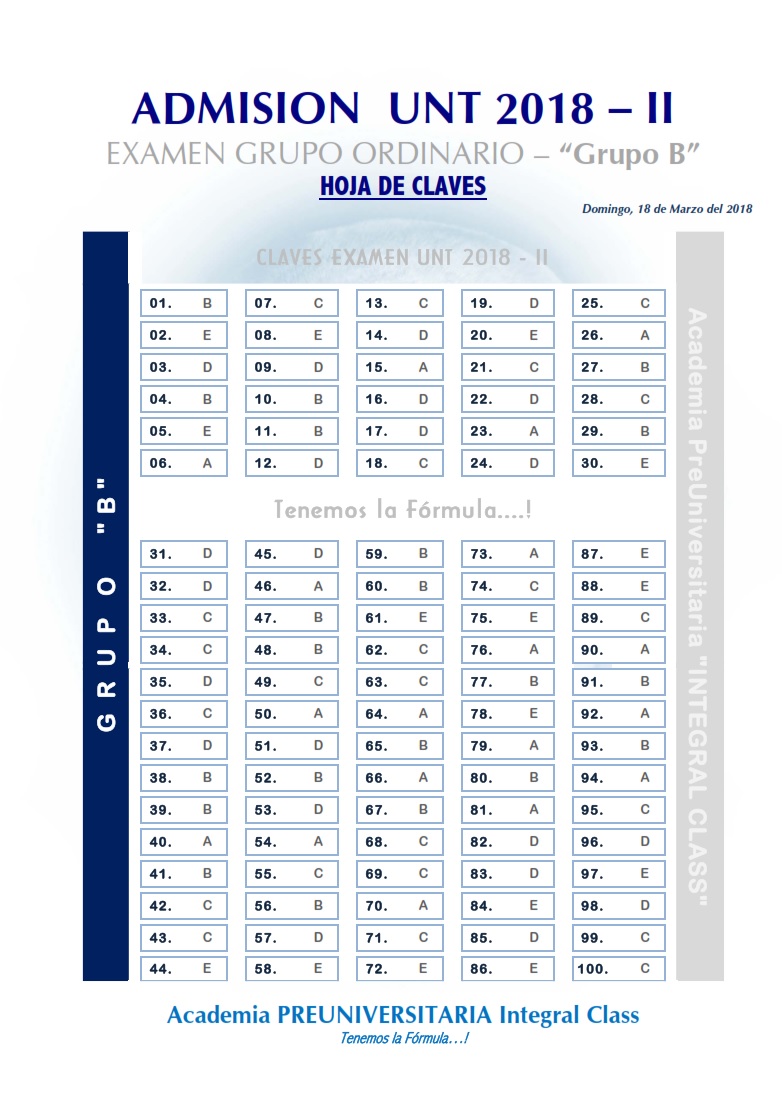  HOJA DE CLAVES EXAMEN ADMISIÓN ORDINARIO UNT 2018- II GRUPO B 