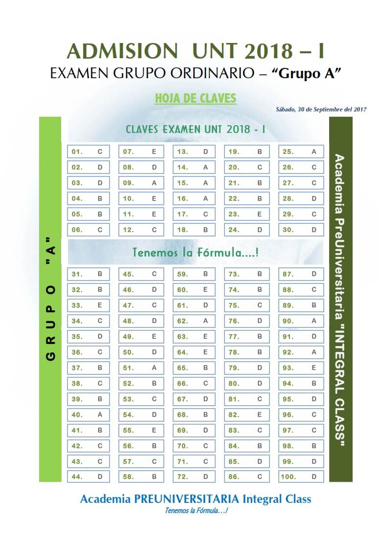  HOJA DE CLAVES EXAMEN ADMISIÓN ORDINARIO UNT 2018-I GRUPO A 