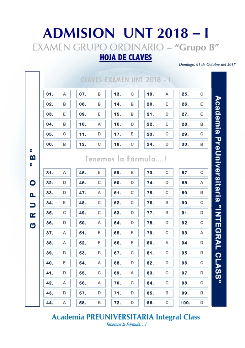 HOJA DE CLAVES EXAMEN ADMISIÓN ORDINARIO UNT 2018 - I GRUPO "B"