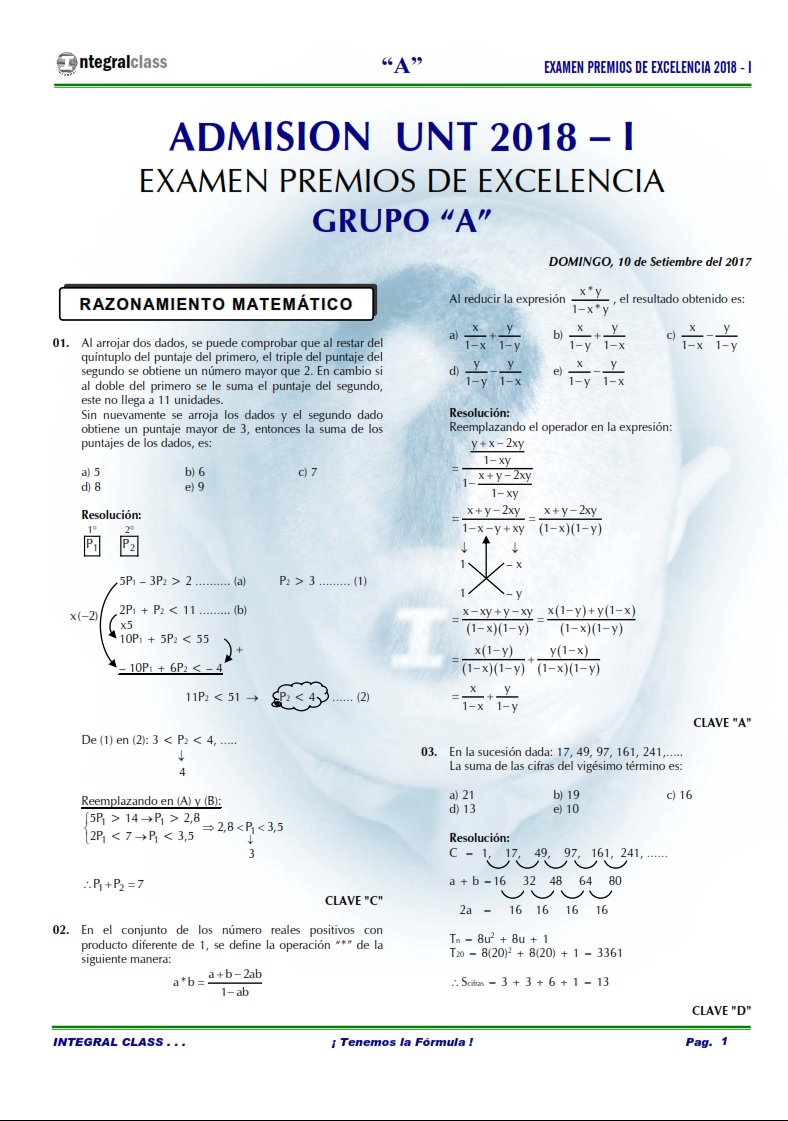  EXAMEN ADMISIÓN PREMIOS EXCELENCIA UNT 2018-I GRUPO A 