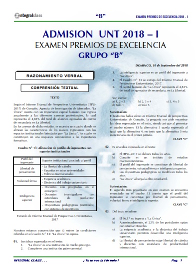  EXAMEN ADMISIÓN PREMIOS EXCELENCIA UNT 2018-I GRUPO B 