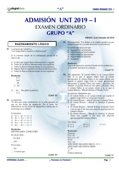  EXAMEN ADMISIÓN ORDINARIO UNT 2019-I GRUPO B 