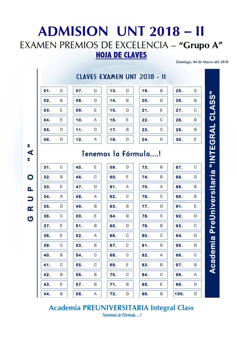  HOJA DE CLAVES EXAMEN ADMISIÓN PREMIOS EXCELENCIA UNT 2018-II GRUPO A 