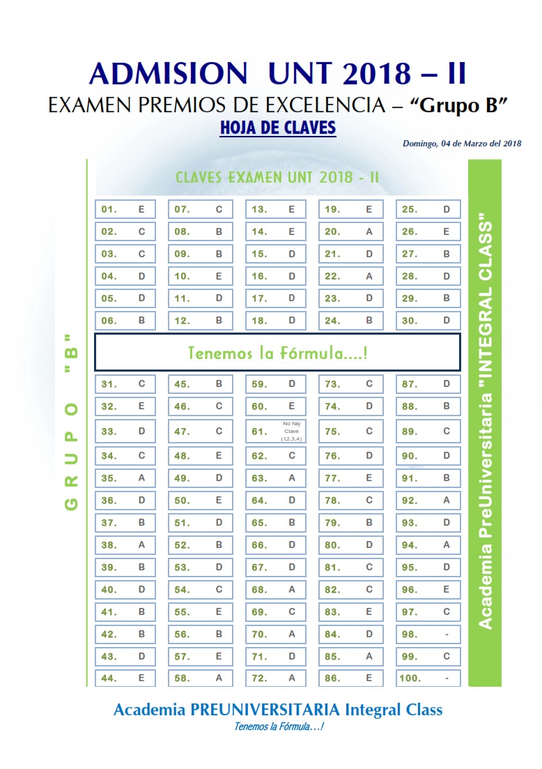 HOJA DE CLAVES EXAMEN ADMISIÓN PREMIOS EXCELENCIA UNT 2018-II GRUPO B