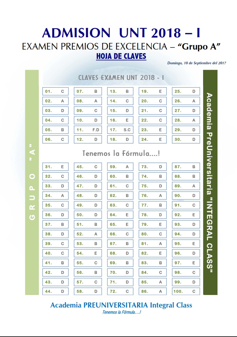  HOJA DE CLAVES EXAMEN ADMISIÓN PREMIOS EXCELENCIA UNT 2018-I GRUPO A 