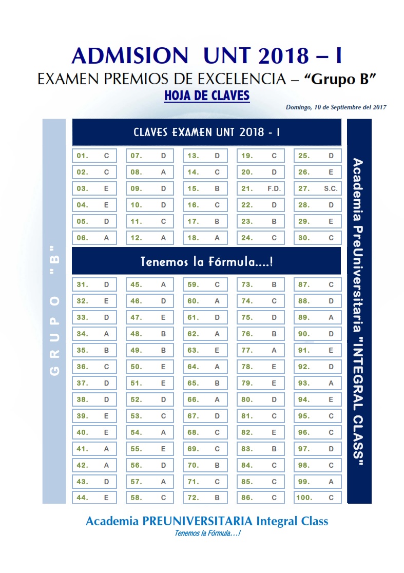  HOJA DE CLAVES EXAMEN ADMISIÓN PREMIOS EXCELENCIA UNT 2018 - I GRUPO B 