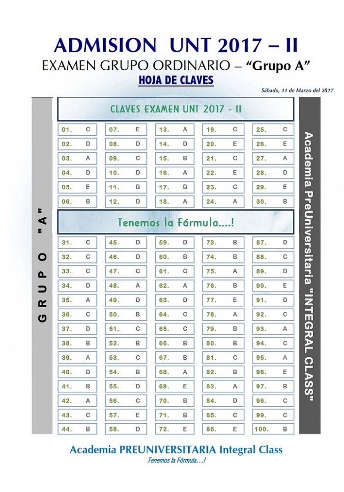  HOJA DE CLAVES EXAMEN ADMISIÓN ORDINARIO UNT 2017-II GRUPO A 