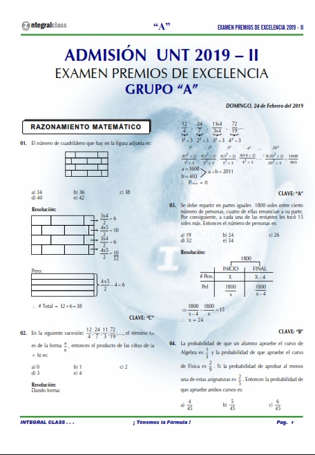  EXAMEN ADMISIÓN EXCELENCIAS UNT 2019-II GRUPO A 