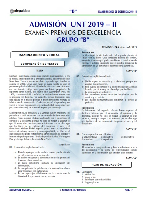  EXAMEN ADMISIÓN EXCELENCIAS UNT 2019-II GRUPO B 