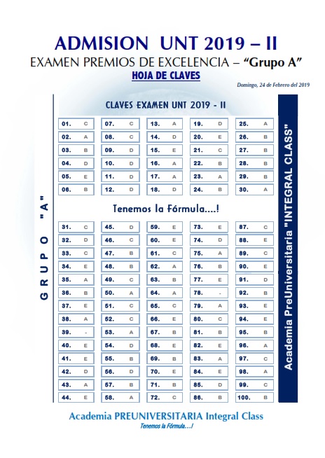  HOJA DE CLAVES EXAMEN ADMISIÓN EXCELENCIAS UNT 2019-II GRUPO A 