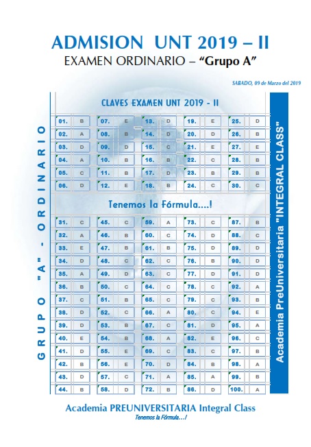  HOJA DE CLAVES EXAMEN ADMISIÓN ORDINARIO UNT 2019-II GRUPO A 