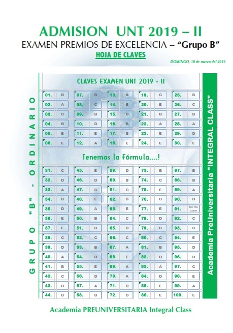  HOJA DE CLAVES EXAMEN ADMISIÓN ORDINARIO UNT 2019- II GRUPO B 