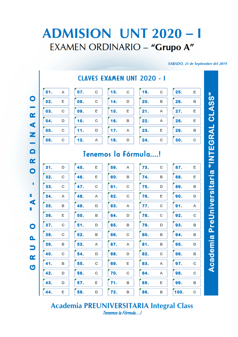  HOJA DE CLAVES EXAMEN ADMISIÓN ORDINARIO UNT 2020-I GRUPO A 