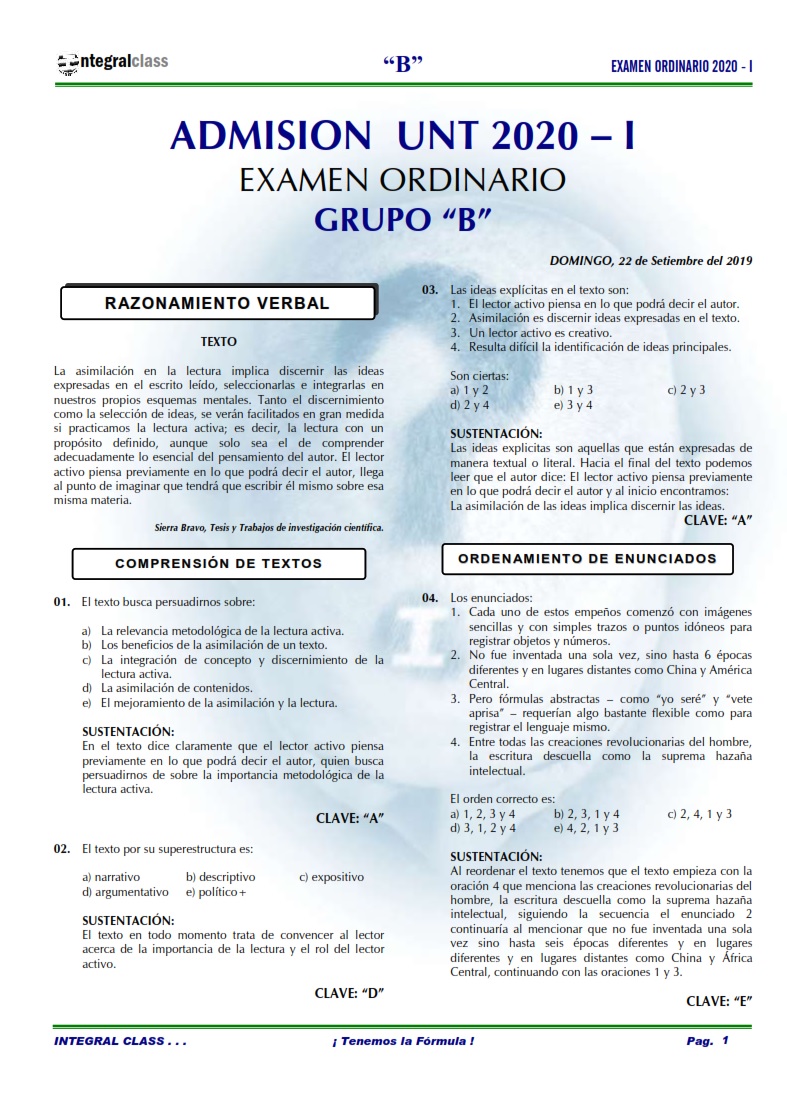 EXAMEN ADMISIÓN ORDINARIO UNT 2020-I GRUPO "B"