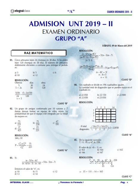  EXAMEN ADMISIÓN ORDINARIO UNT 2019-II GRUPO A 