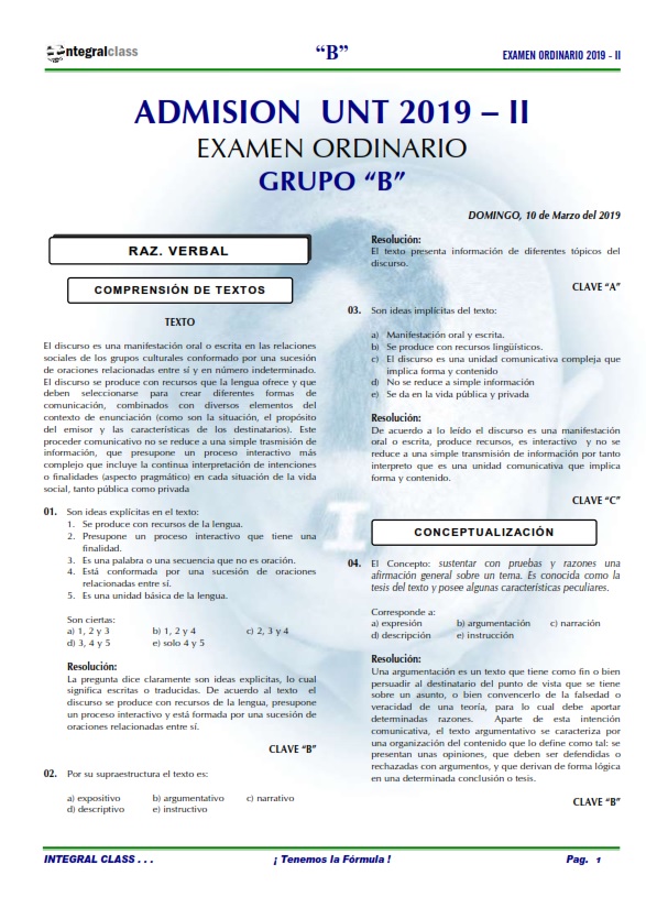  EXAMEN ADMISIÓN ORDINARIO UNT 2019-II GRUPO B 