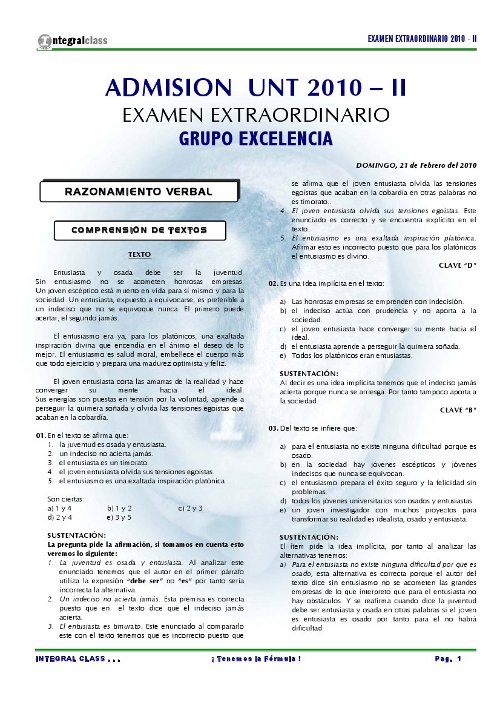 Admisión UNT 2010  -II Examen Extraordinario