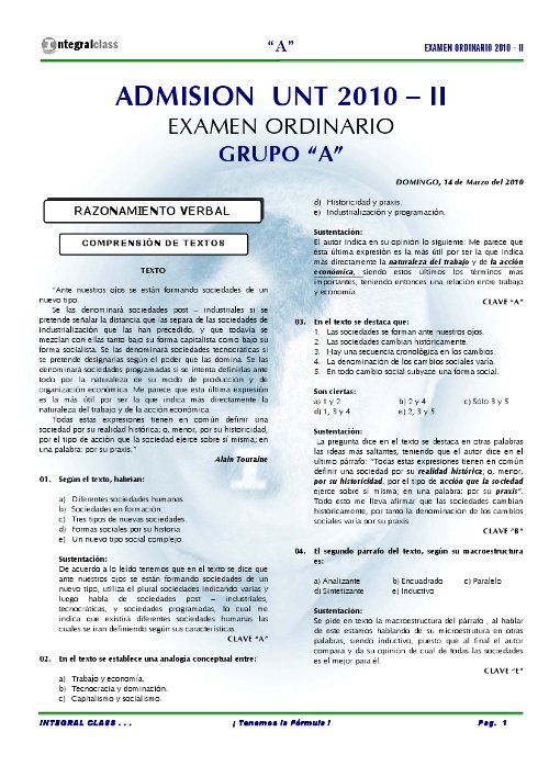 Admisión UNT 2010 - II Examen Ordinario Grupo A