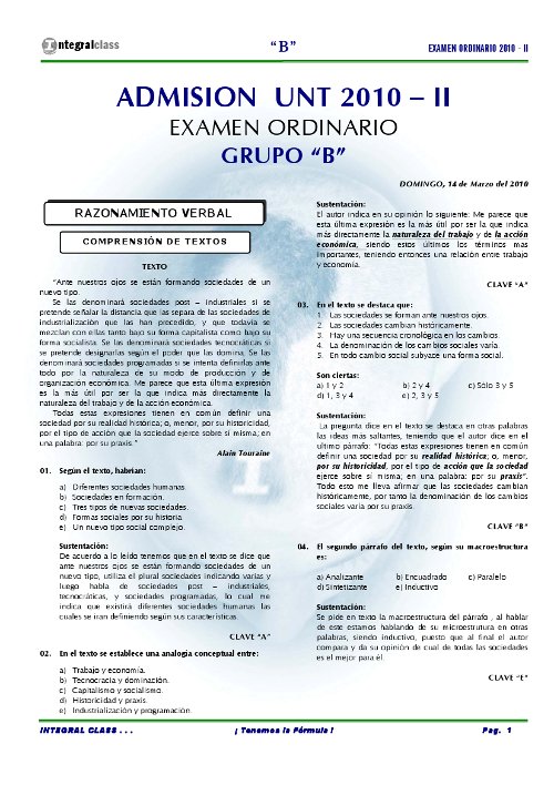 Admisión UNT 2010 - II Examen  Ordinario Grupo B