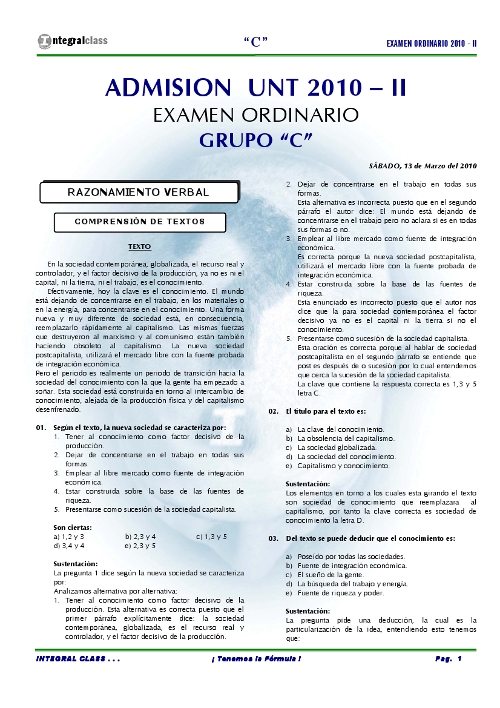 Admisión UNT 2010 - II Examen Ordinario Grupo C
