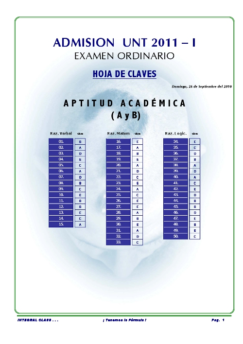 Claves Examen Ordinario Areas A y B UNT 2011 - I