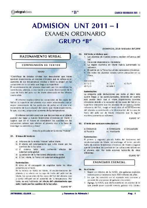 Examen  Ordinario UNT 2011 - I Area B Desarrollado