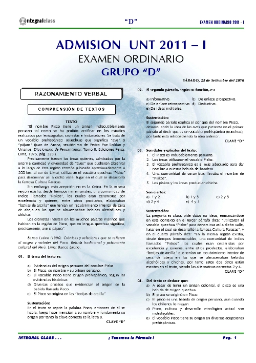 Examen  Ordinario UNT 2011 - I Area D Desarrollado