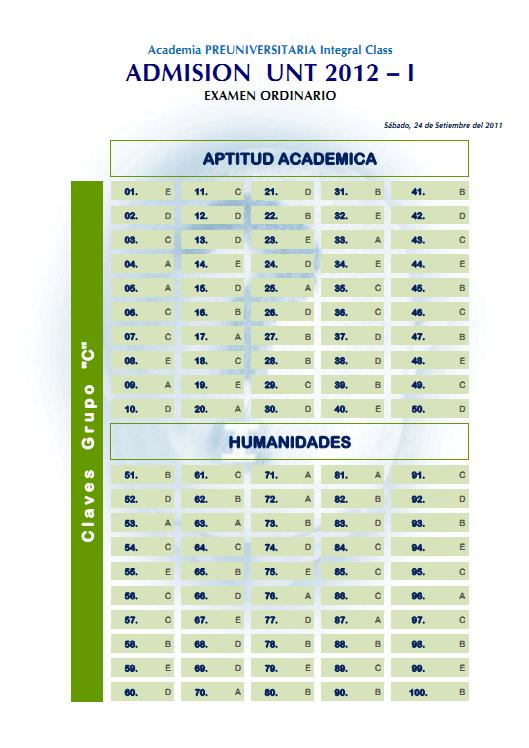 Claves Admisión UNT 2012-I Examen Ordinario Area C