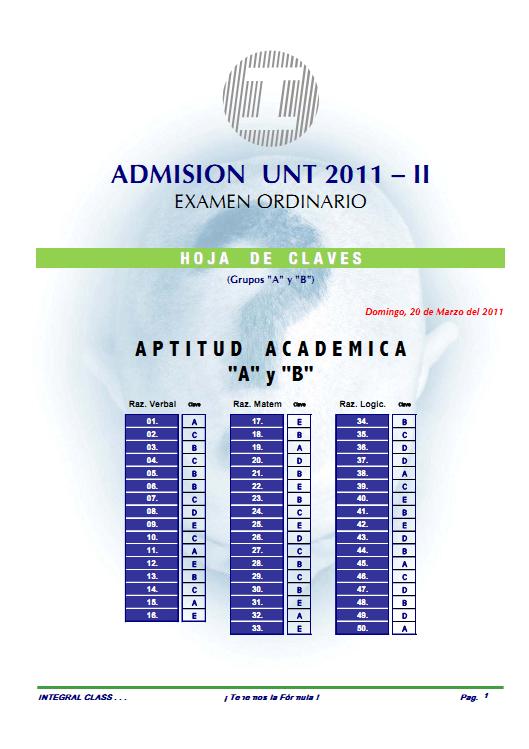 Claves Admisión UNT 2011 -II Examen Ordinario Area A y B