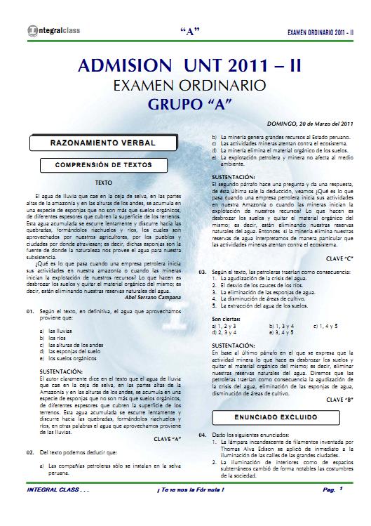 Admisión UNT 2011 -II Examen Ordinario Area A