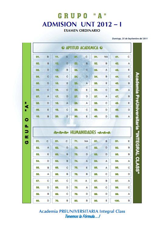 Claves Admisión UNT 2012-I Examen Ordinario Area A