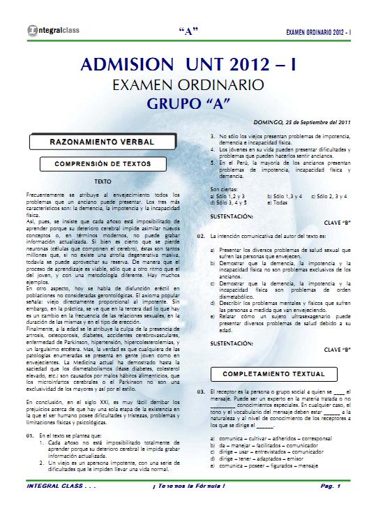 Admisión UNT 2012 - I Examen Ordinario Area A