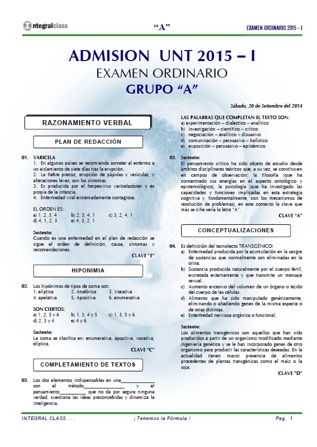  EXAMEN DE ADMISION UNT 2015-I ORDINARIO GRUPO A 